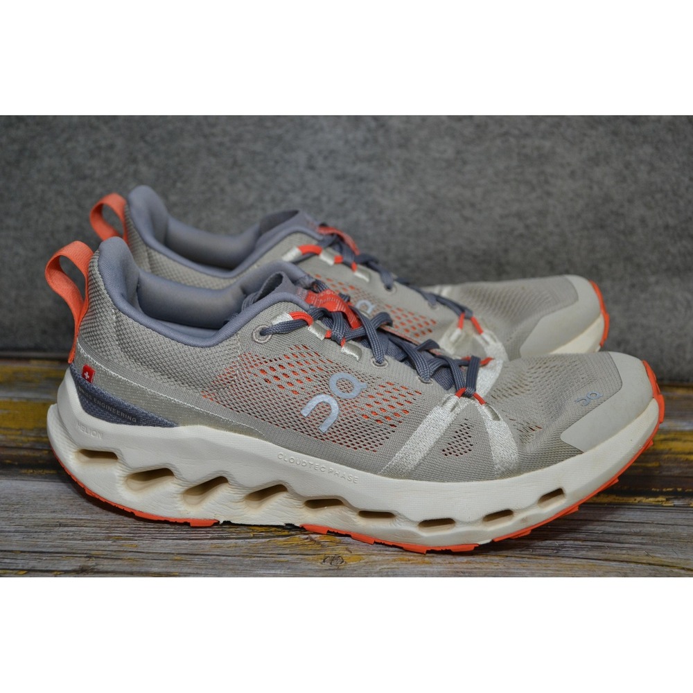 On Cloudsurfer Trail Shoes Womens 8 Gray Orange Running Sneakers Fossil White
